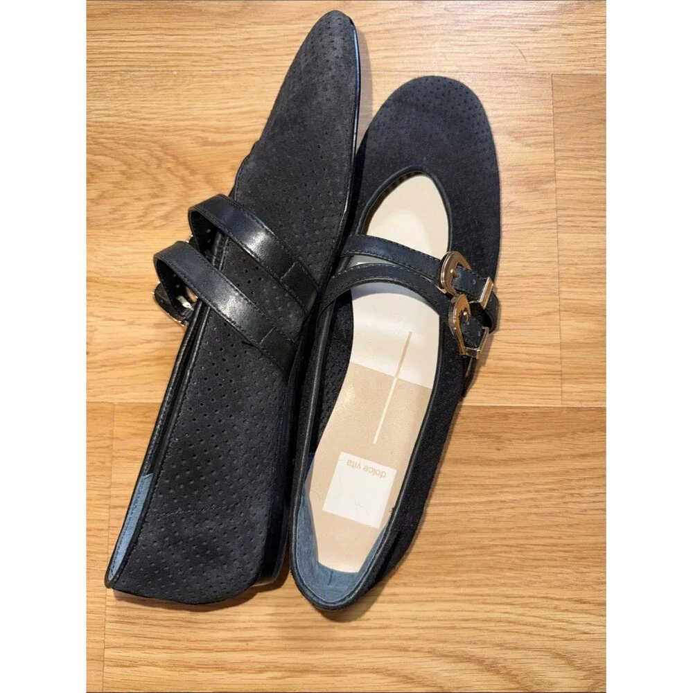 Dolce Vita Baylee Black Suede Perforated Ballet Flats Gold Buckles Size 8
